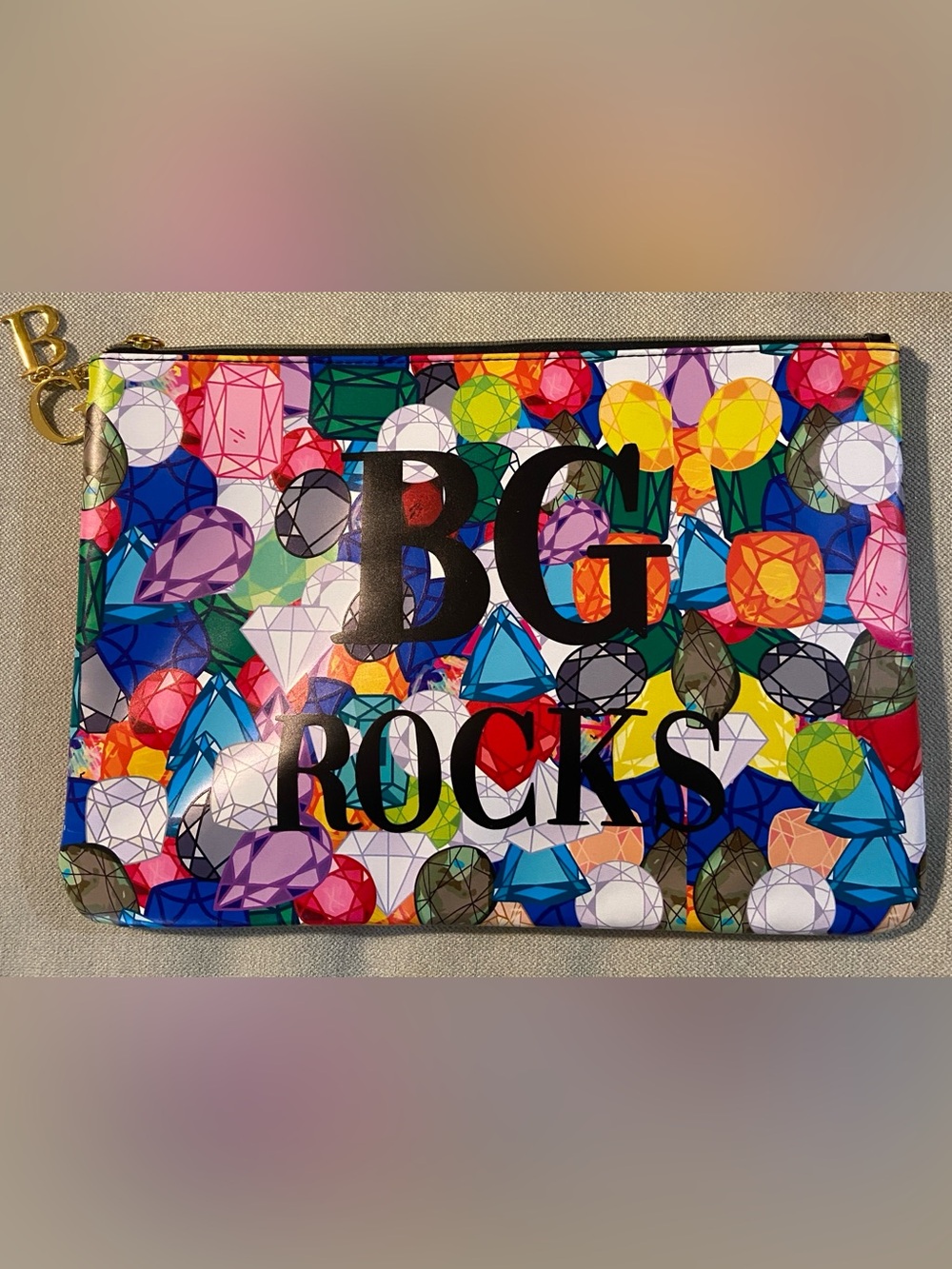 BG (Bergdorf Goodman) Rocks Colorful Gem-Print Zip Pouch 12.75 in x 8.25 in